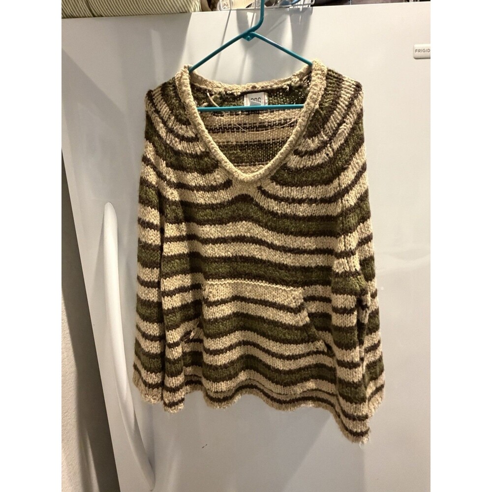 BDG Striped Knit Sweater V-Neck Kangaroo Pocket Green Brown Women's M